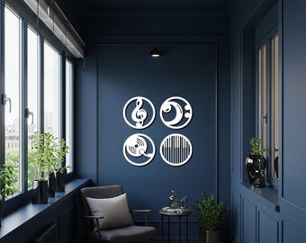 Set van 4 muziekkunst aan de muur, muzieknoten, metaaldecor, solsleutel en pianomuurhanger, modern musicuskunstwerk, cadeau voor muziekliefhebbers