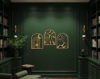 Moderne abstracte zon maan berg metalen muur kunst, set van 3 panelen, zwarte keuken muur decor, geometrische metal art, minimalistische muur hangen