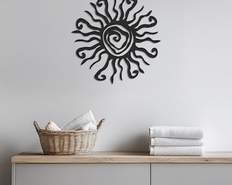 Art mural en métal spirale soleil, décoration murale soleil tribal, oeuvre d'art symbole solaire bohème, décoration de salon bohème, tenture murale mystique, cadeau soleil