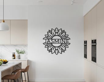 Gepersonaliseerde mandala-naam metalen muurkunst, bloemen aangepast rond bord, decoratief accent in boho-stijl voor slaapkamer, hal, keukenmuur