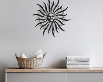 Décoration murale en métal visage soleil, décoration solaire bohème mystique pour salon, terrasse ou jardin, décoration murale en métal céleste moderne, décoration murale moderne