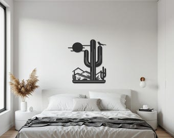 Arte de pared de metal con cactus, decoración de pared de acero con atardecer en el desierto, obra de arte minimalista de metal inspirada en la naturaleza, sala de estar moderna y regalo para amantes de la naturaleza.