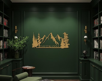 Art mural montagne en métal personnalisé, décoration de cabine extérieure personnalisée, enseigne en métal paysage forestier, décoration murale rustique pour maison