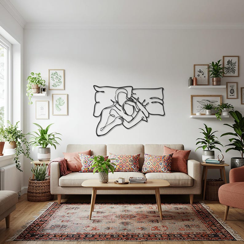 Abstrakte Paar-Metallwand-Kunst, romantische Schlafzimmer-Wand-Dekor, moderne Linie Kunst-Skulptur, minimalistisches Liebes-Design, Hochzeits- oder Jahrestagsgeschenk Bild 4