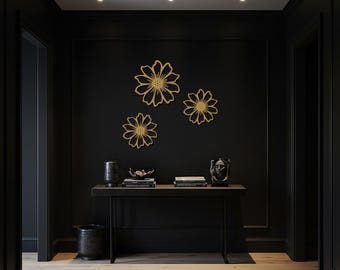 Juego de 3 piezas de arte de pared con flores de metal, diseño floral minimalista moderno, decoración botánica de metal para cocina, sala de estar o regalo para amantes de las flores.