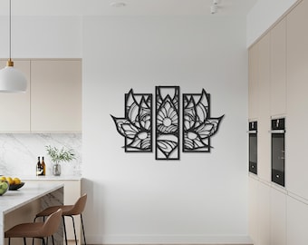 Metalen muurkunst lotusbloem, 3 panelen metalen wanddecoratie, mandala bloem metalen kunst, yoga kamer decor, boho-stijl muur hangen, cadeau voor thuis