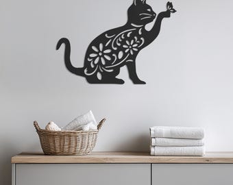 Floral Cat Metal Wall Art, Cat Wall Decor, Flower Cat Wall Hanging, Cat Lover Gift, Cat Wall Sculpture, Butterfly Cat Wall Art, Cat Decor