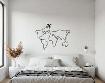 Décoration murale en métal, avion, carte du monde, art mural moderne inspiré des voyages pour le salon, le bureau ou la chambre à coucher, cadeau pour les voyageurs et les explorateurs