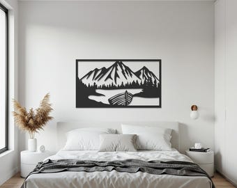 Metalen muurkunst berglandschap, natuurtafereel met boot en meer, rustieke wanddecoratie hut, modern lodge-kunstwerk voor woonruimtes