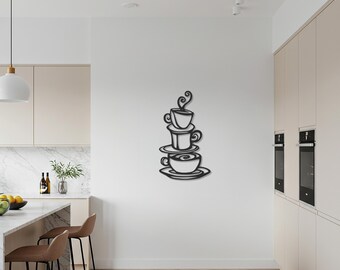 Coffee Cup Metal Wall Art, Modern Kitchen Coffee Decor, Minimalist Espresso and Tea Cup Design, Cozy Café Style Metal Decor for Coffee Lover