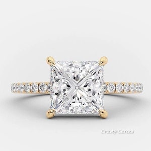 14K Solid Yellow Gold Lab Grown Engagement Ring, Princess Cut Certified Diamond Wedding Ring, Princess Cut Lab Grown Bridal Ring For Women.