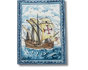 Portuguese Tile with Portuguese Caravel - Handmade Wall Decor