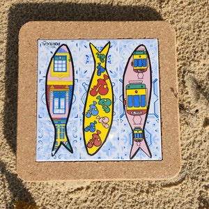 Geschilderde Portugese Sardine Tegelonderzetter met Kurk - Portugal Souvenir