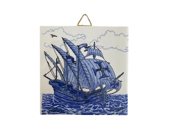 Portuguese Tile with Portuguese Caravel - Hand-Painted Wall Decoration