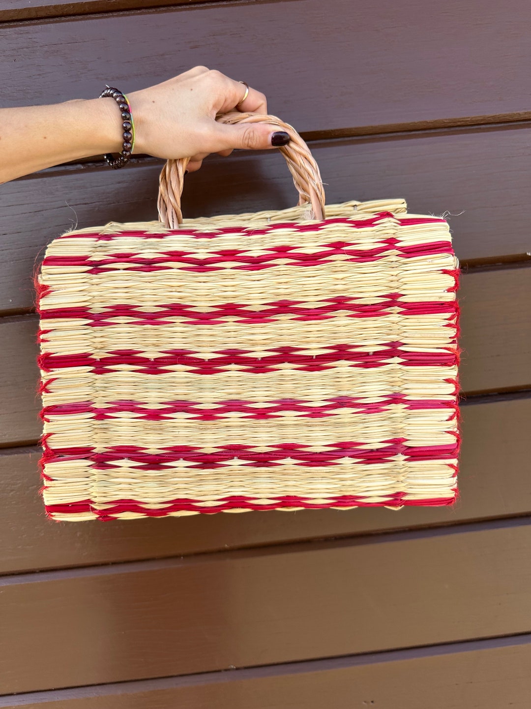 Portuguese Straw Bag Basket Junco Reed Bag Bag With Red Stripes Etsy Australia