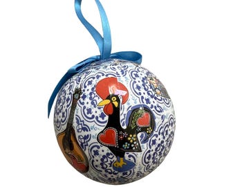 Christmas Tree Ball with Portuguese Tile Pattern, Portuguese Sardines, Barcelos Rooster and Portuguese Guitar