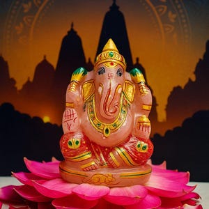 Hand-Painted Rose Quartz Ganesha Idol: Indian Pooja Decor, Diwali Gift