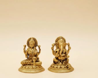 Par de ídolos de latón Laxmi Ganesh / Mini estatua de dios hindú / Decoración de puja de Diwali / Figura de Lakshmi Ganesha para templo, mandir, regalo