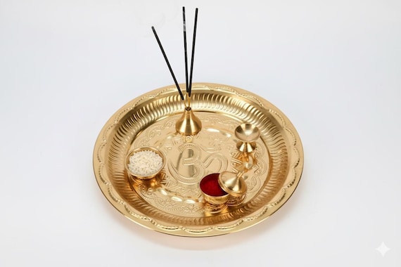 Brass Pooja Thali Set • Hindu Prayer Plate with Diya & Incense Holder • Spiritual Altar Accessories • Indian Festival Gift