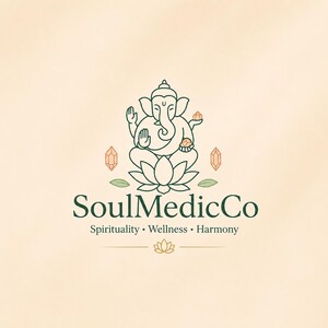 May include: A logo featuring a line-art illustration of Ganesha sitting on a lotus flower, surrounded by crystals and leaves. Below the graphic, the text reads SoulMedicCo, followed by the words Spirituality, Wellness, Harmony and a small lotus icon.