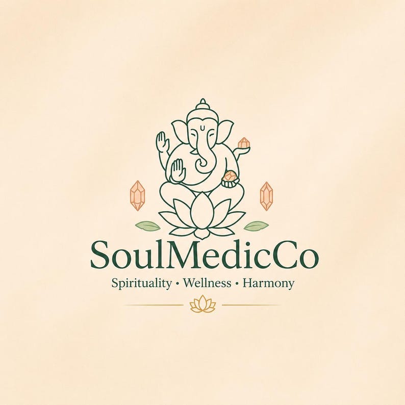 May include: A logo featuring a line-art illustration of Ganesha sitting on a lotus flower, surrounded by crystals and leaves. Below the graphic, the text reads SoulMedicCo, followed by the words Spirituality, Wellness, Harmony and a small lotus icon.