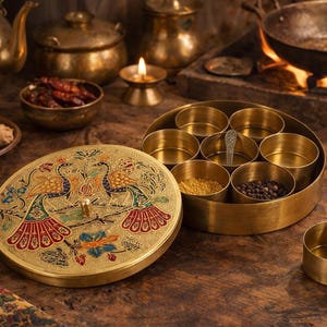 May include: A brass spice box with a decorative lid featuring a peacock design. The box is surrounded by other brass kitchenware, including a spice container, bowls of spices, and a cooking pot over a fire.