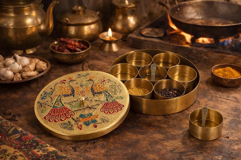 May include: A brass spice box with a decorative lid featuring a peacock design. The box is surrounded by other brass kitchenware, including a spice container, bowls of spices, and a cooking pot over a fire.