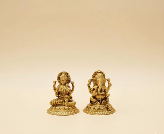 Laxmi Ganesh Brass Idol Pair | Mini Hindu God Statue | Diwali Puja Decor | Lakshmi Ganesha Figurine for Temple, Mandir, Gifting