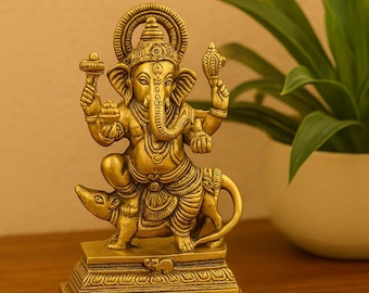 Brass Ganesha Idol on Mouse | Hindu God Statue | Handmade Indian Brass Figurine | Spiritual Home Decor | Diwali Gift | Yoga & Meditation Dec