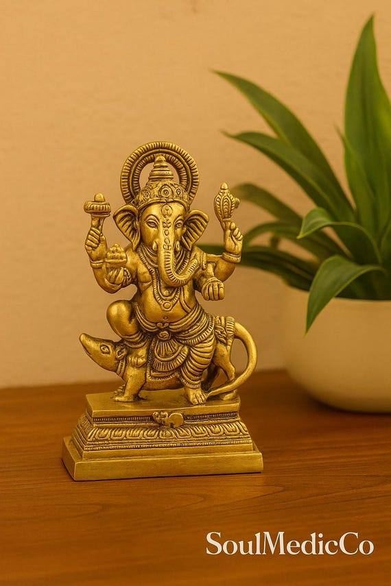 Brass Ganesha Idol on Mouse | Hindu God Statue | Handmade Indian Brass Figurine | Spiritual Home Decor | Diwali Gift | Yoga & Meditation Dec
