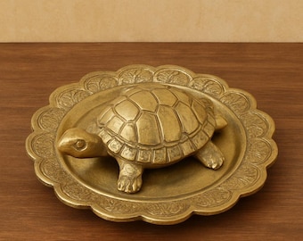 Brass Tortoise Figurine on Plate: Feng Shui Good Luck Home Decor