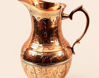 Mughlai Style Brass Water Jug Pitcher 1050ml | Hand Engraved Brass Carafe | Ayurvedic Water Vessel | Rustic Home Decor Gift
