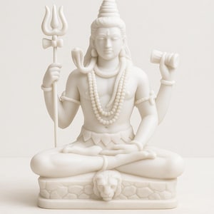 May include: A white statue of a seated deity, possibly Shiva, with multiple arms and traditional adornments. The figure holds a trident and a small drum. The statue is on a base with a lion's head. The overall theme is religious or spiritual.