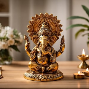May include: A metallic gold-colored statue of the deity Ganesha depicted in a seated position with four arms, an elephant head, and a large circular halo behind the head, all resting on a circular base with a detailed floral relief pattern.