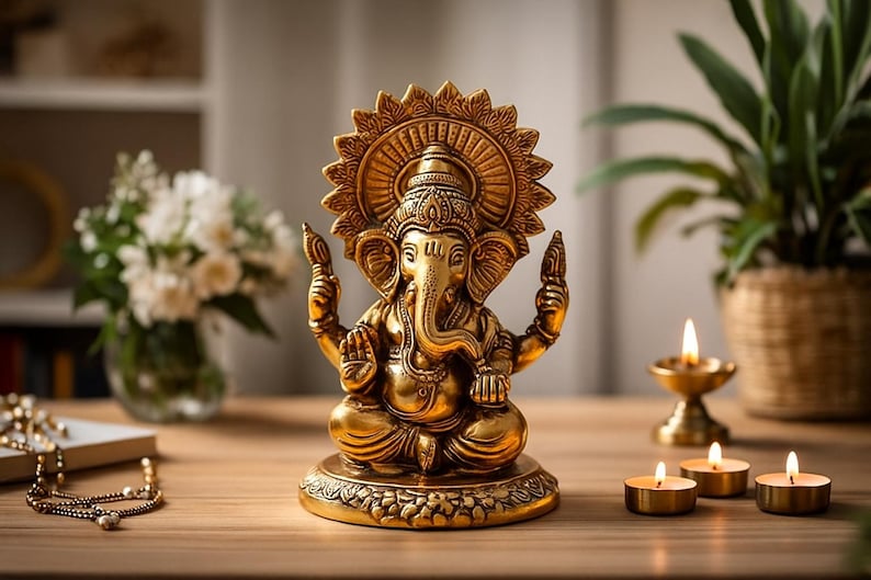 May include: A metallic gold-colored statue of the deity Ganesha depicted in a seated position with four arms, an elephant head, and a large circular halo behind the head, all resting on a circular base with a detailed floral relief pattern.