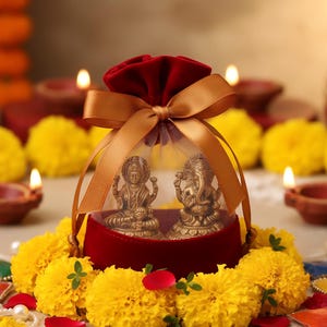 Pode incluir: Um conjunto de presentes decorativo com duas pequenas est&aacute;tuas douradas de divindades hindus, fechadas numa bolsa de veludo vermelho amarrada com uma fita dourada. O conjunto &eacute; rodeado por flores de cal&ecirc;ndula amarelas, velas e pequenas l&acirc;mpadas de barro.