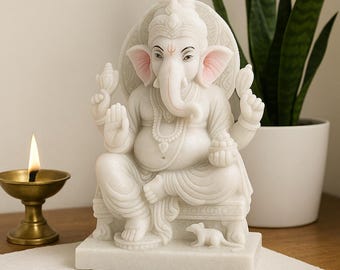 White Marble Dust Ganesha Idol – Spiritual Home Decor| 9.5 Inch White Ganesha Statue | Hindu God Decor | Home Temple Murti | Spiritual Gift