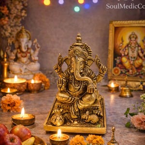 May include: A golden Ganesh statue is the focal point of a spiritual display, surrounded by lit candles, flowers, and a framed image. A small brass bell and a bowl of fruit add to the ambiance. Colorful lights and a garland are in the background.