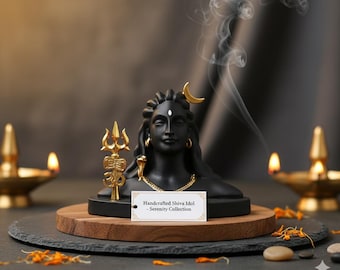 Ídolo do Senhor Shiva | Busto de Mahadev em preto e dourado com Trishul e Lua | Decoração espiritual hindu | Altar de meditação | Presente de deus indiano