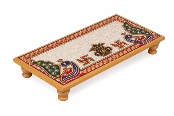 Makrana Marble Pooja Chowki 8x4 Inch, Hand Painted Marble Chowki for Home Temple, Hindu Puja Platform, Idol Stand, Diwali Decor Gift