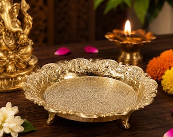 Pure Brass Pooja Chowki | 5 Inch Round Brass Idol Stand | Engraved Puja Pedestal for Mandir, God Idols & Spiritual Decor
