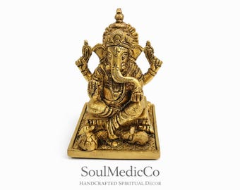 Handcrafted Brass Ganesha Idol Statue | Small Hindu God Ganesh Murti for Home Temple, Office, Meditation & Gift | 8.9 cm