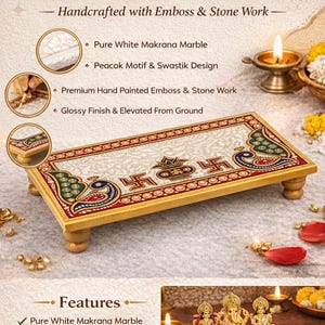Pooja Chowki in marmo Makrana 8 x 4 pollici, Chowki in marmo dipinto a mano per il tempio di casa, piattaforma Puja indù, supporto per idoli, regalo di decorazione Diwali immagine 11