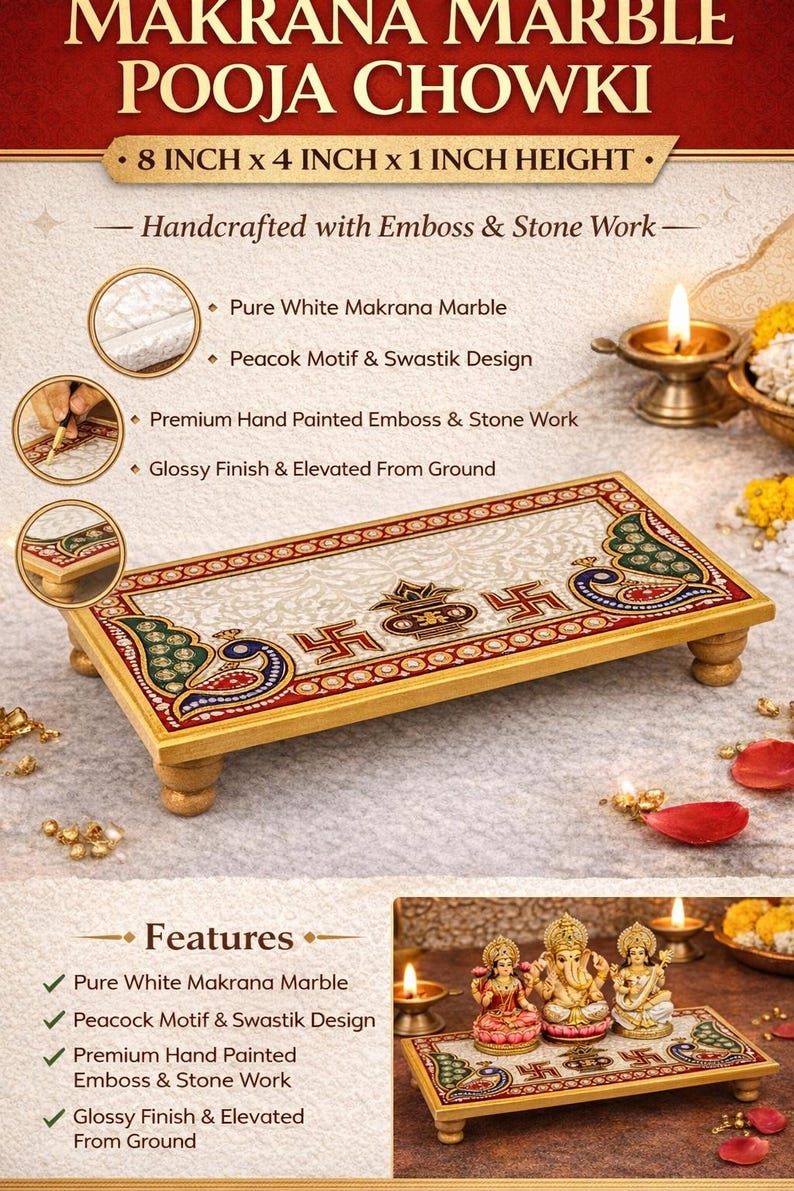 Pooja Chowki in marmo Makrana 8 x 4 pollici, Chowki in marmo dipinto a mano per il tempio di casa, piattaforma Puja indù, supporto per idoli, regalo di decorazione Diwali immagine 11