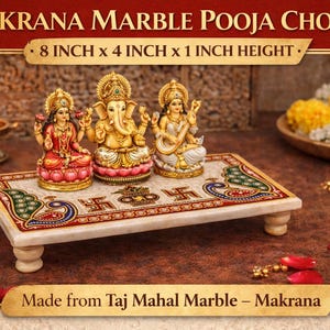 Pooja Chowki in marmo Makrana 8 x 4 pollici, Chowki in marmo dipinto a mano per il tempio di casa, piattaforma Puja indù, supporto per idoli, regalo di decorazione Diwali immagine 10