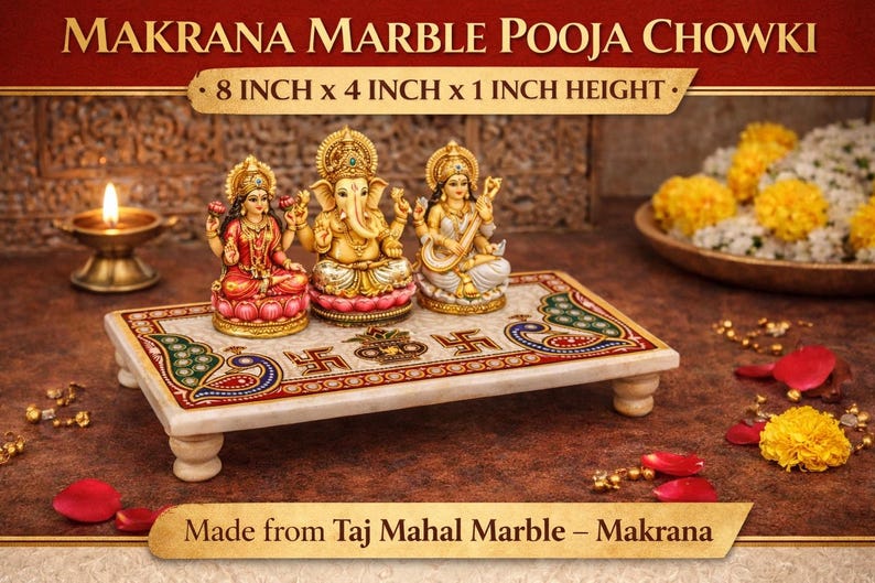 Pooja Chowki in marmo Makrana 8 x 4 pollici, Chowki in marmo dipinto a mano per il tempio di casa, piattaforma Puja indù, supporto per idoli, regalo di decorazione Diwali immagine 10