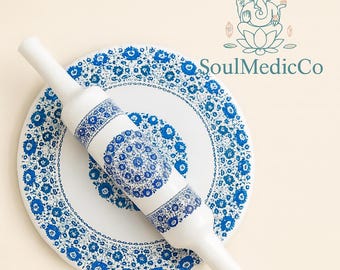 Marble Chakla Belan Set | Blue Floral Engraved Rolling Pin & Board | Handcrafted Indian Kitchen Tool | Baking and Roti Board | SoulMedicco