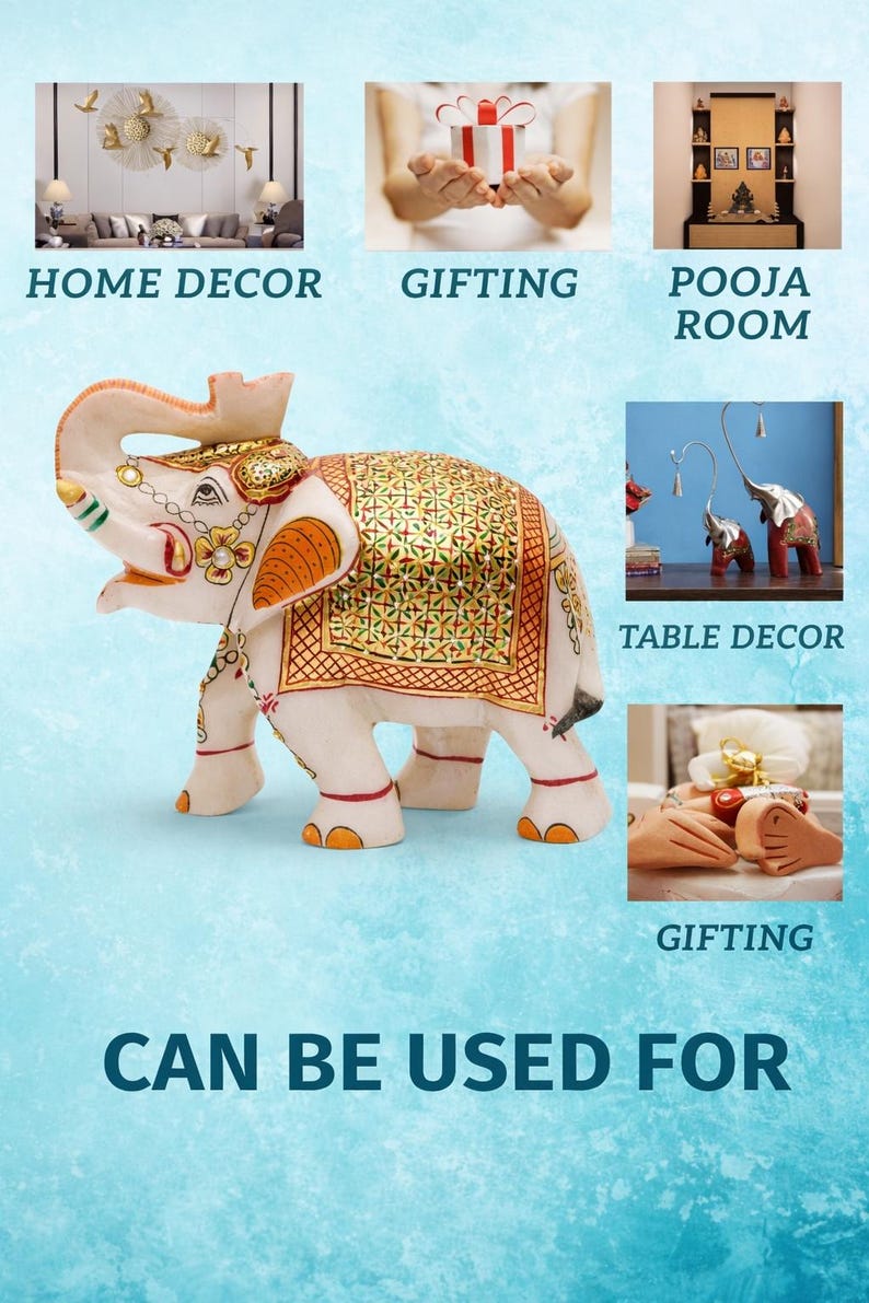 Puede incluir: Figurilla de elefante de color marfil con detalles dorados y naranjas. El elefante tiene una manta decorativa con un patr&oacute;n dorado y verde. La imagen incluye texto: "Home Decor", "Gifting", "Pooja Room", "Table Decor" y "Can Be Used For".