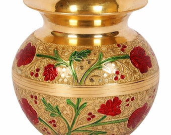 Brass Kalash Pot for Pooja | Handcrafted Floral Brass Urli | Hindu Ritual Vessel | Indian Temple Decor | Wedding Gift | Diwali Decor | 4 Inc