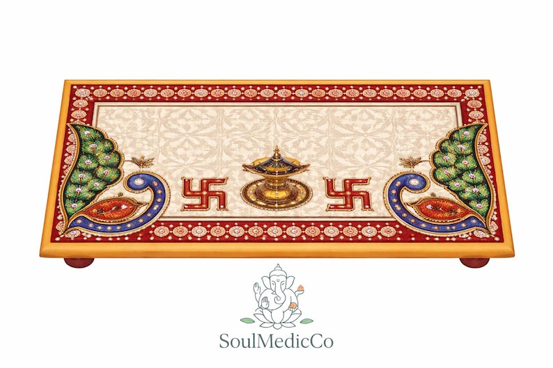 Pooja Chowki in marmo Makrana 8 x 4 pollici, Chowki in marmo dipinto a mano per il tempio di casa, piattaforma Puja indù, supporto per idoli, regalo di decorazione Diwali immagine 4